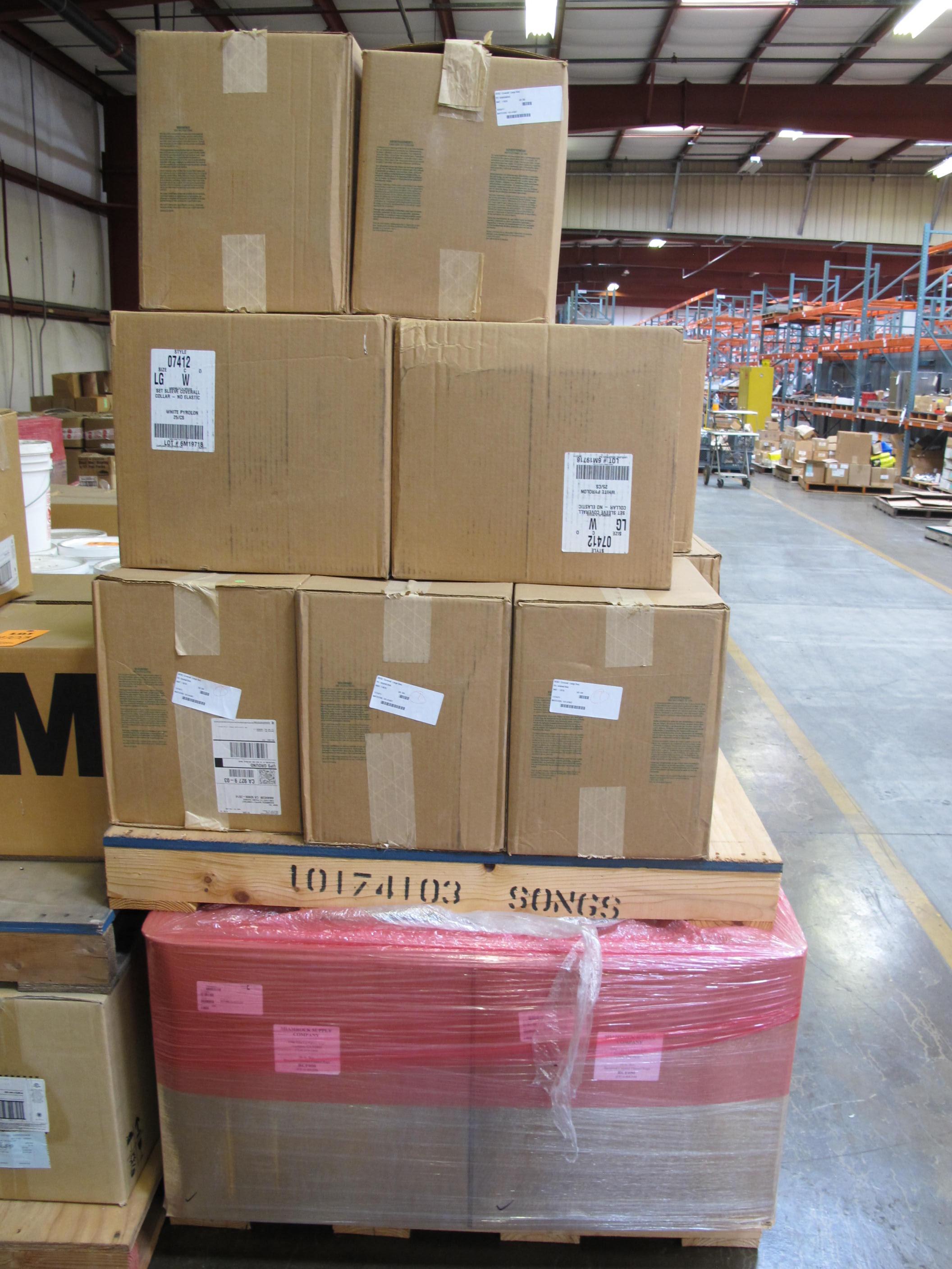 (12) COVERALLS, LARGE SIZE, DISPOSABLE KIND, PAPER MATERIAL, WHITE COLOR. ZIPPER CLOSURE, IMPRINTED "FLAME RESISTANT" 25 PER BX. LOADING & HANDLING FEE $15-4102